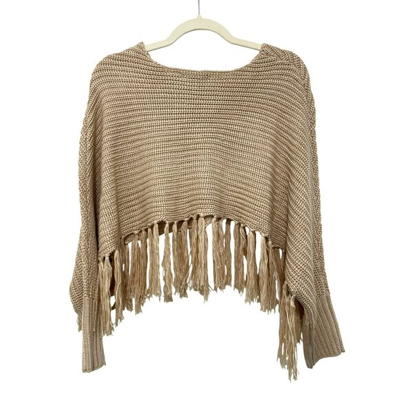 525 America Fringed Tan Knit Poncho Sweater One Size - Picture 2 of 5